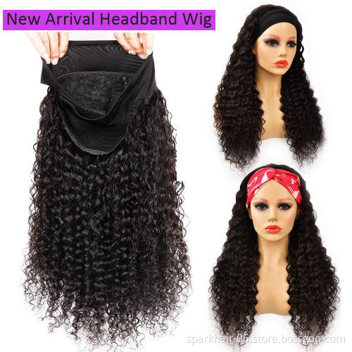 Full Cuticle Curly Headband Wigs Human Hair Glueless None Lace 10A Virgin Peruvian Head Band Double Drawn Human Hair Wigs